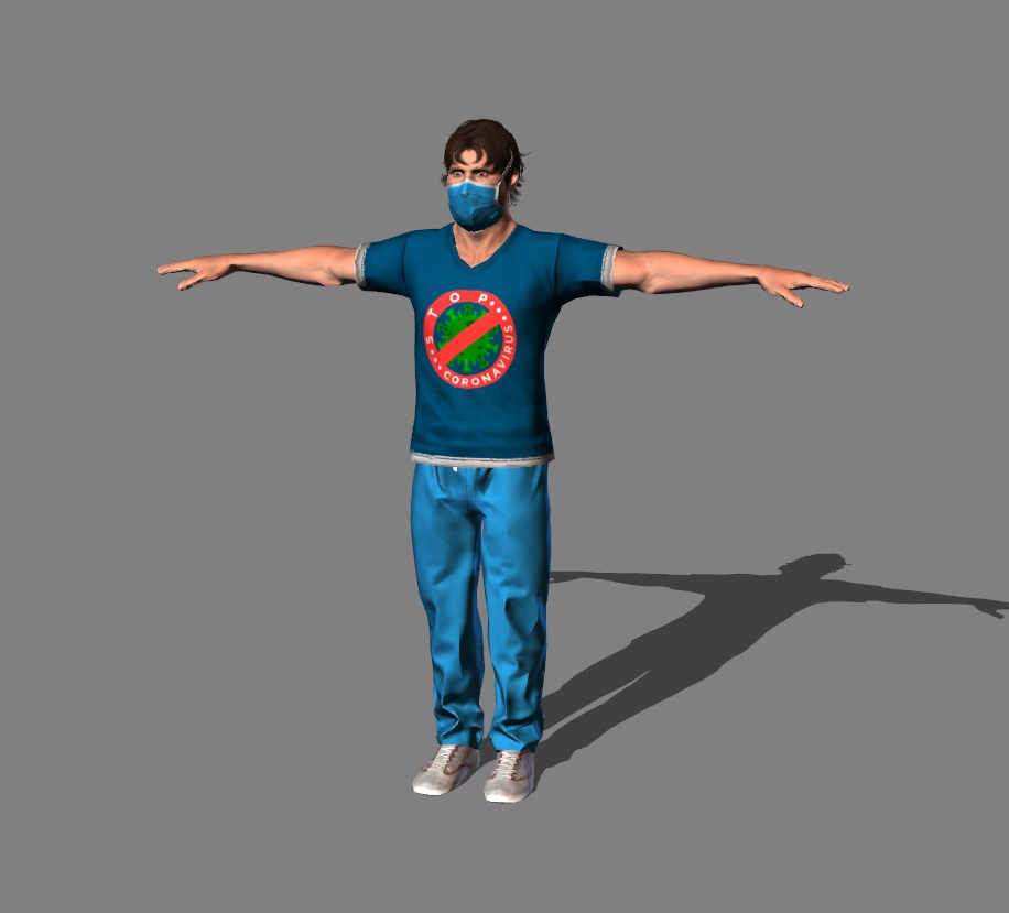 a man in a t-shirt and a mask with the inscription  Stop the coronavirus 1