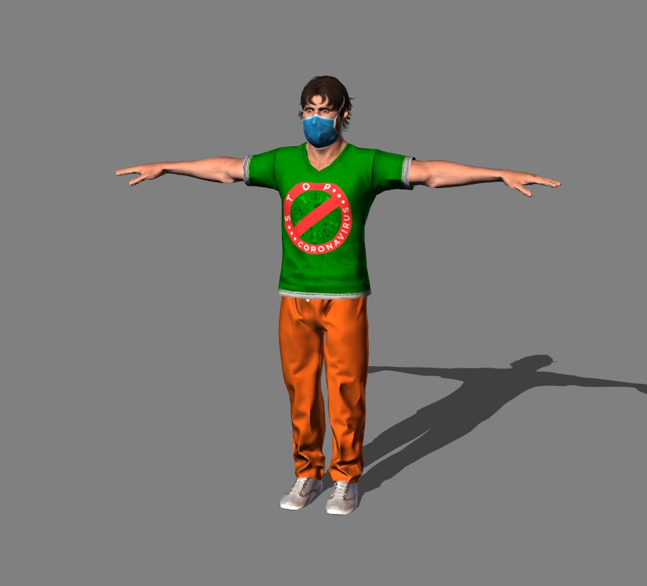 a man in a t-shirt and a mask with the inscription  Stop the coronavirus 2