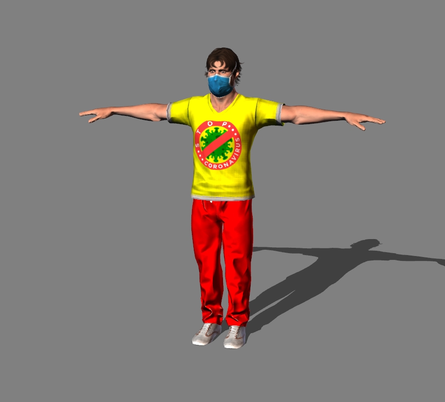 a man in a t-shirt and a mask with the inscription  Stop the coronavirus 3