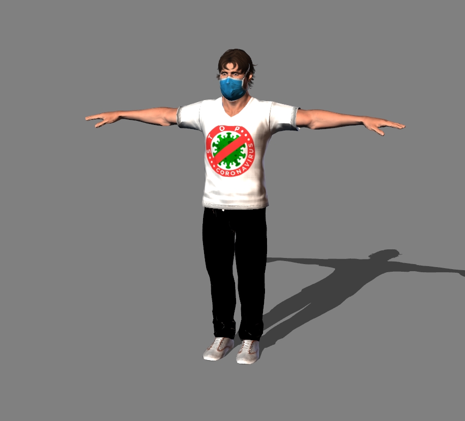 a man in a t-shirt and a mask with the inscription  Stop the coronavirus 4