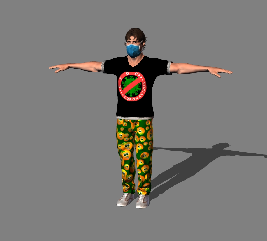 a man in a t-shirt and a mask with the inscription  Stop the coronavirus 5